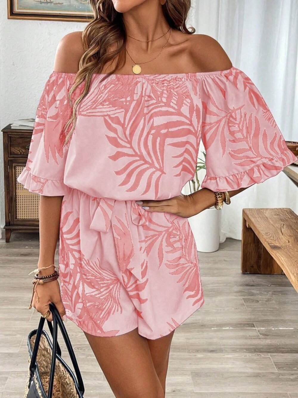 Pink Casual Women's Hawaiian Style Ruffled Off Shoulder Romper - Picture 4 of 6
